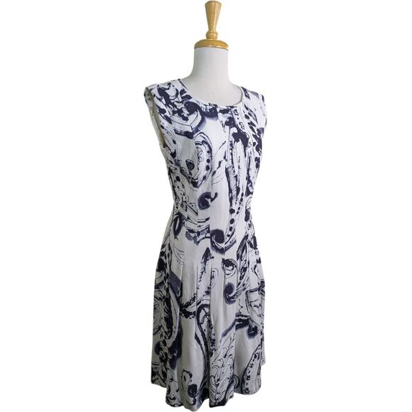 Escada Midi Dress Medium Abstract Paisley Blue Off-White Pleated Career Sleevele - Picture 2 of 12